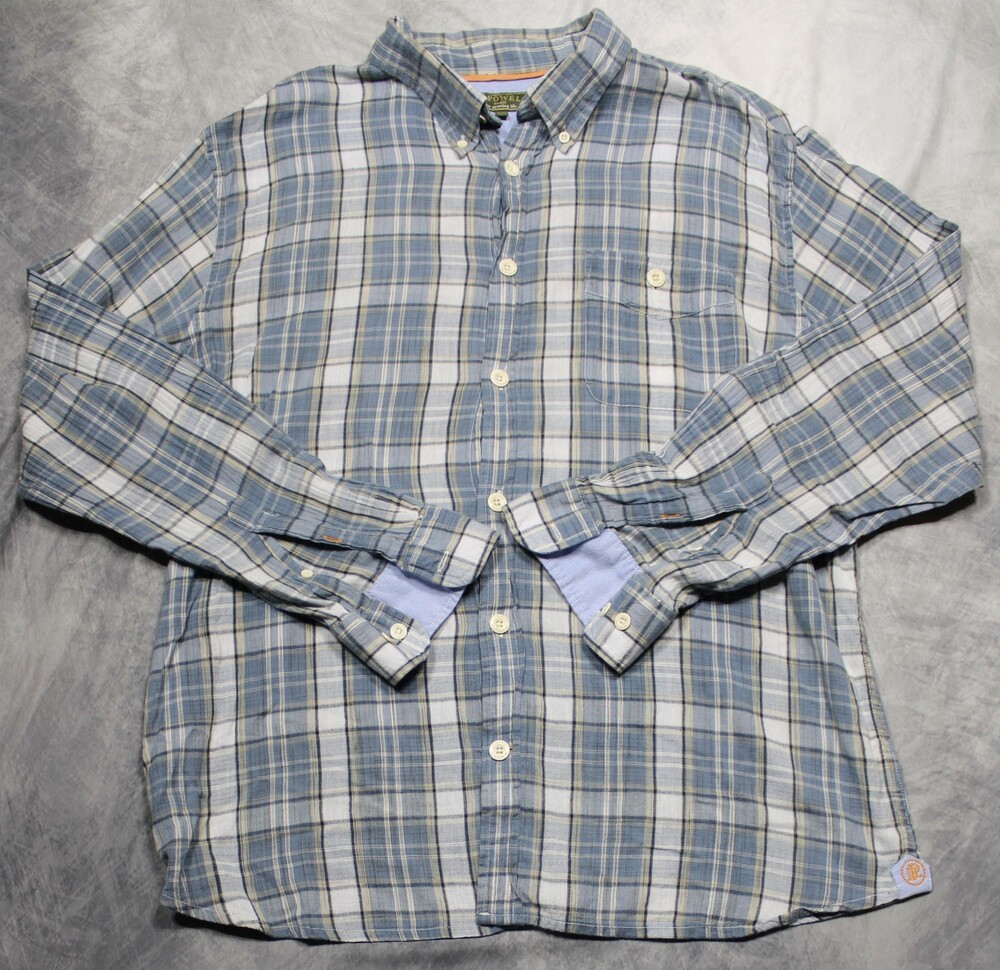 J.L. Powell Shirt Mens XL Blue Plaid Cotton Long Sleeve Button Down Casual